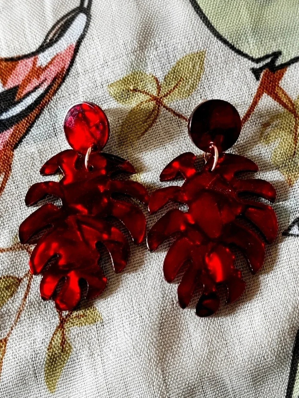 Fiery RED Marbled Acrylic Palm Acetate Monstera Leaf Pierced Earrings NOC Leaves